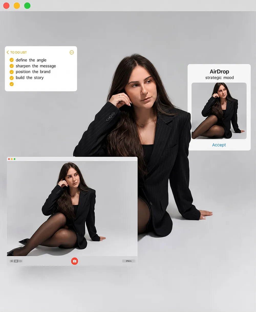 Ивелина Тенева, кадър от бранд фотосесия с елементи на macOS интерфейс